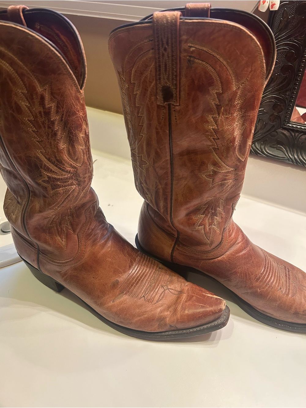 Lucchese Distressed Brown Leather Cowboy Boots - Picture 3 of 6